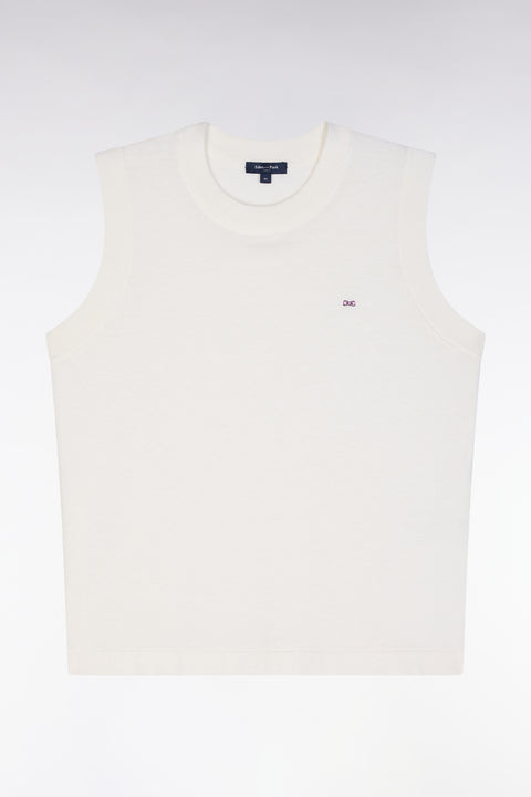 Pull débardeur fin à col rond en coton et soie mélangés écru coupe décontractée - Image 2