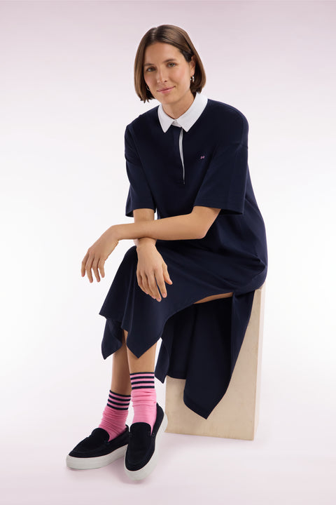 Robe maillot en coton Pima marine à col blanc coupe décontractée - Image 1