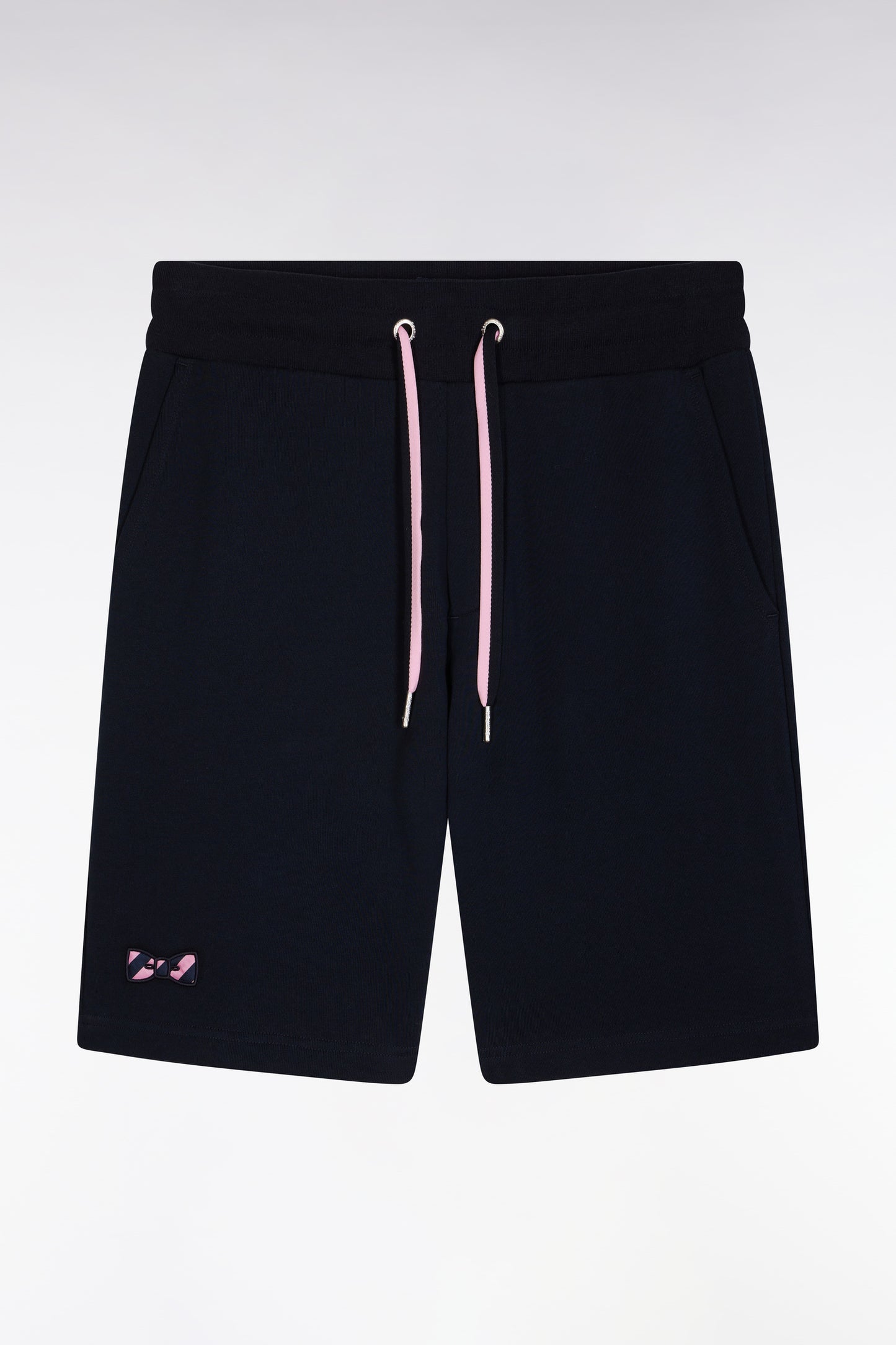 Relaxed-fit navy cotton fleece shorts with a striped bow tie embroidery
