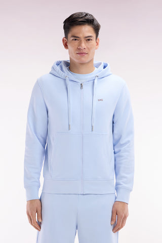 Straight-fit sky blue cotton fleece zip-up sweatshirt