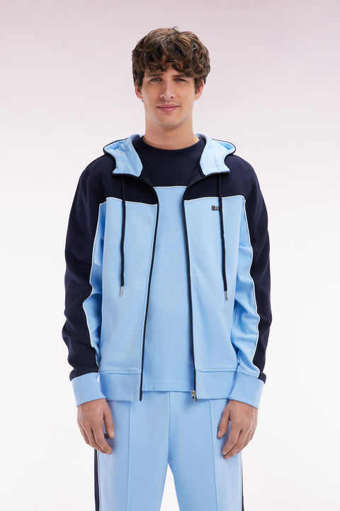 Straight-fit zip-up hooded sweatshirt in sky blue and white cotton - Image 1
