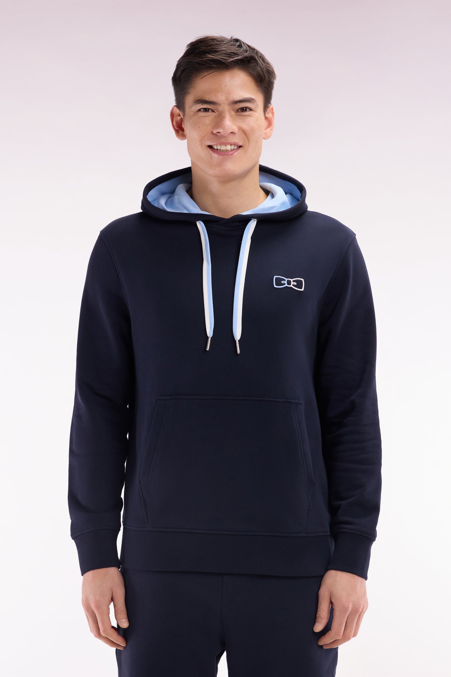 Relaxed-fit sky blue cotton hoodie with two-tone back embroidery