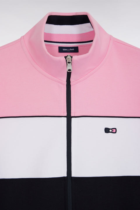 Sweatshirt zippé en molleton coton stretch tricolore rose coupe droite - Image 2