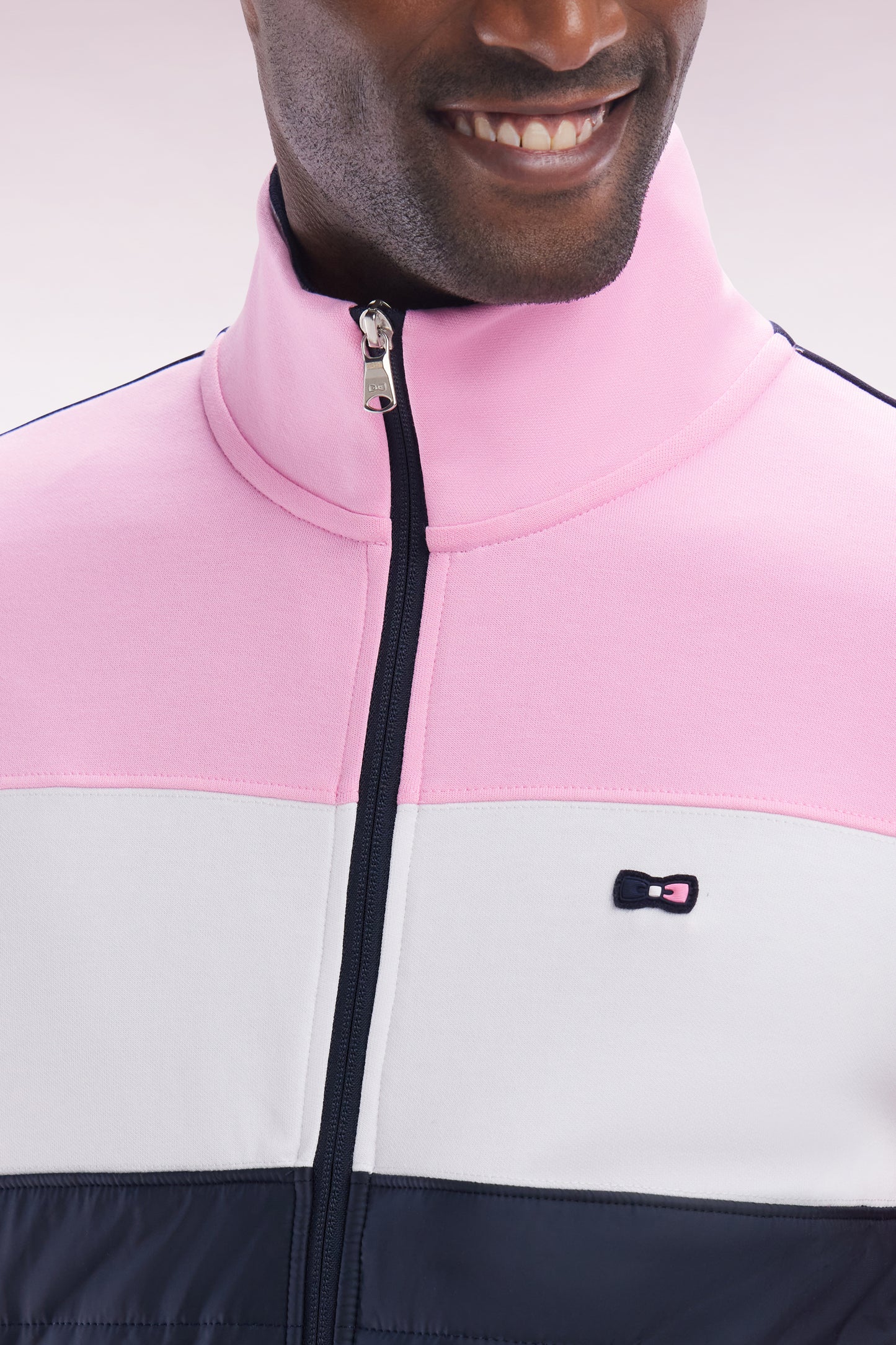 Straight-fit two-material zip-up sweatshirt in pink stretch cotton fleece with quilted facing