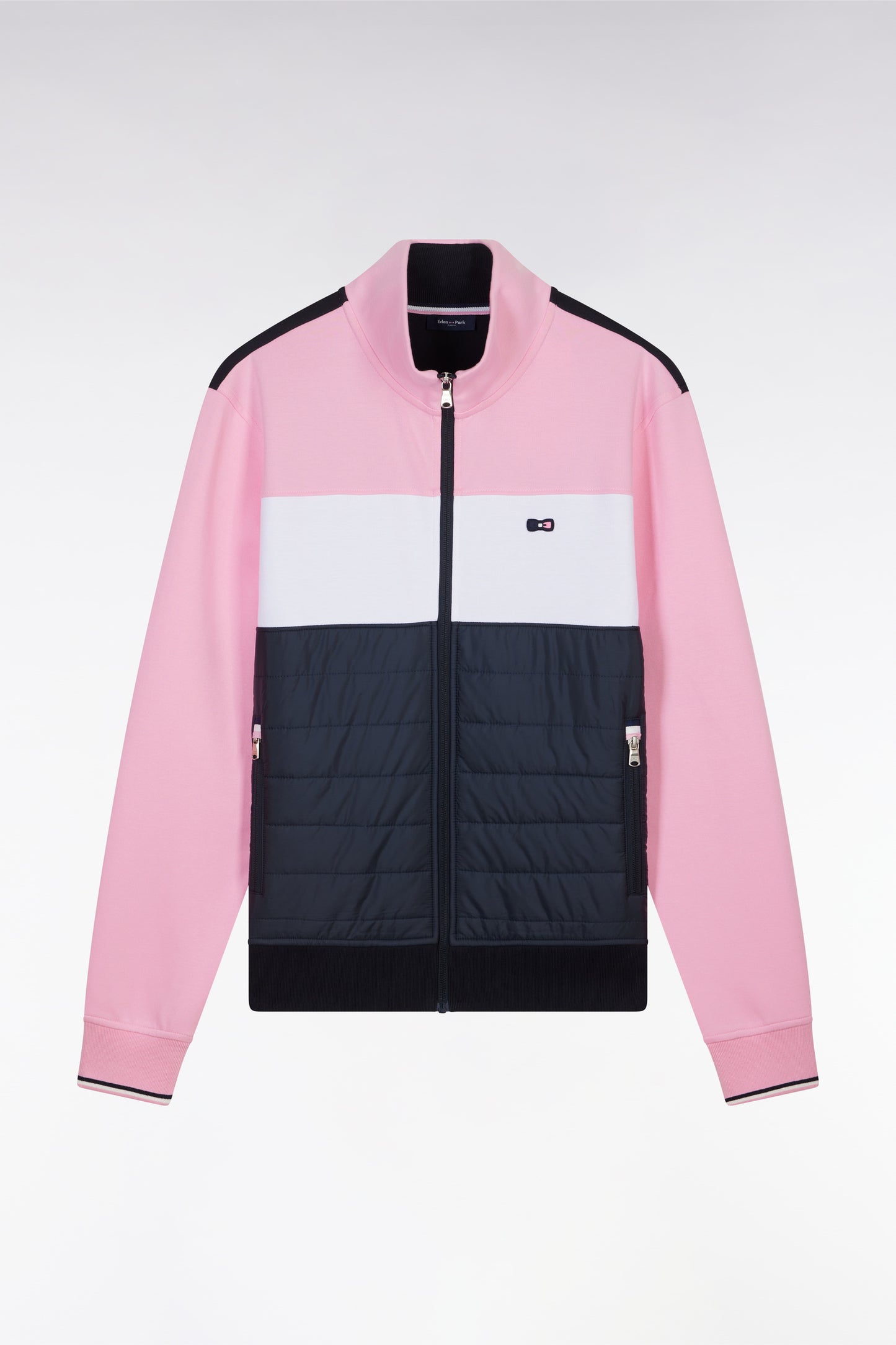 Straight-fit two-material zip-up sweatshirt in pink stretch cotton fleece with quilted facing