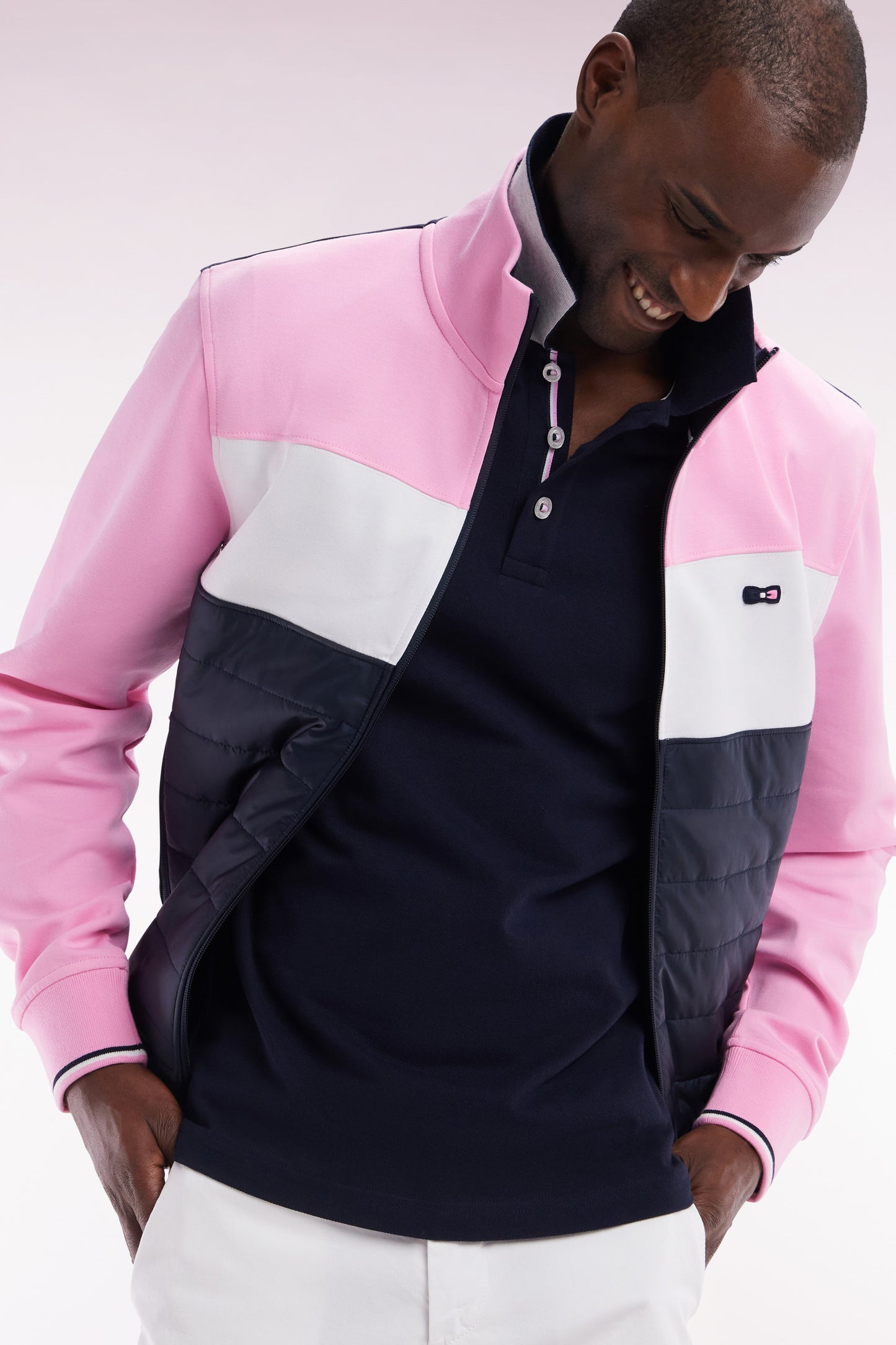 Straight-fit two-material zip-up sweatshirt in pink stretch cotton fleece with quilted facing