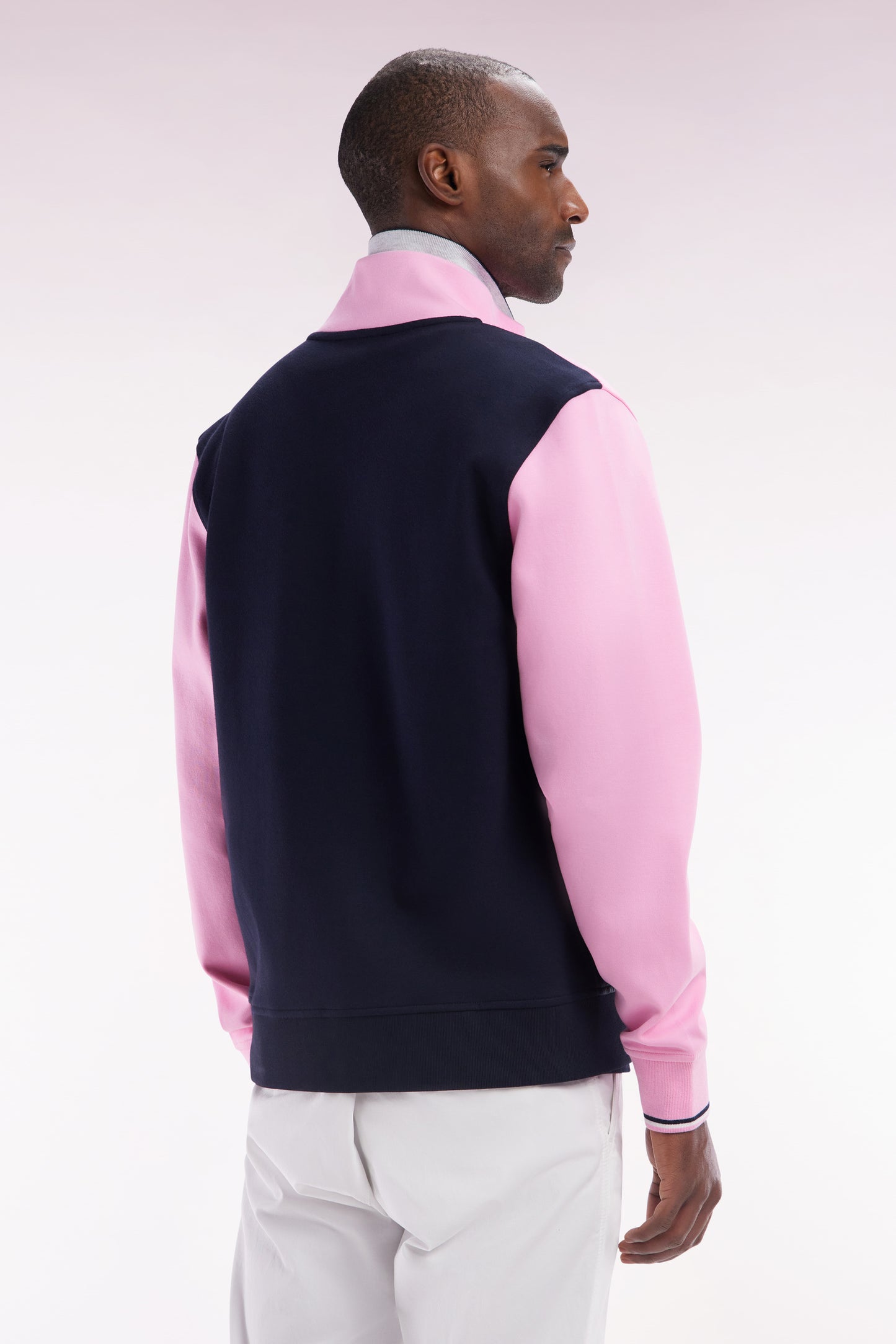 Straight-fit two-material zip-up sweatshirt in pink stretch cotton fleece with quilted facing