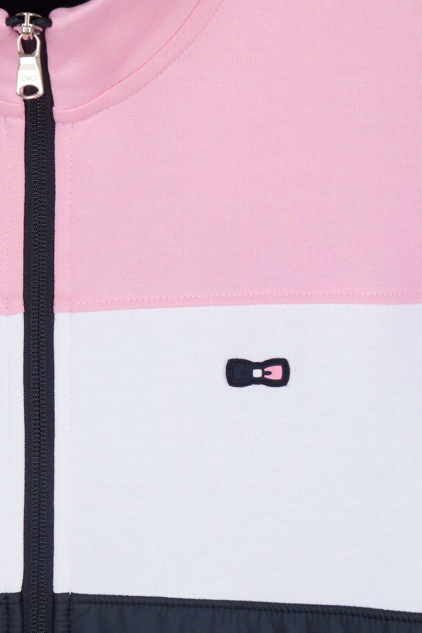 Straight-fit two-material zip-up sweatshirt in pink stretch cotton fleece with quilted facing