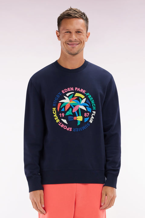 Sweatshirt en coton marine broderie palmiers multicolore coupe décontractée - Image 1