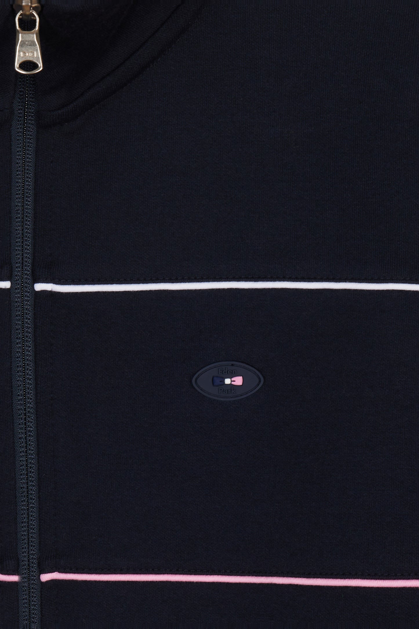 Sweatshirt zippé en coton stretch marine passepoil contrastés coupe droite