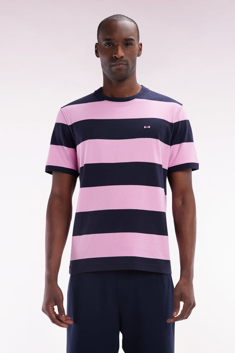 T-shirt cerclé en coton Pima marine et rose coupe droite - Image 1