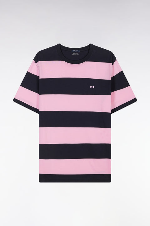 T-shirt cerclé en coton Pima marine et rose coupe droite - Image 2