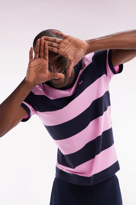 T-shirt cerclé en coton Pima marine et rose coupe droite - Image 3