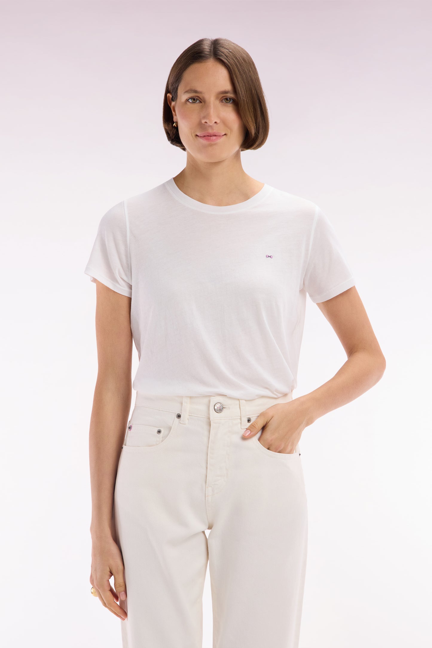 T-shirt à col rond en jersey de coton Pima léger blanc coupe droite