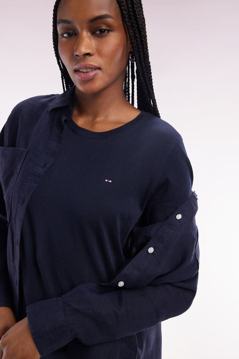 Round-neck T-shirt in lightweight navy Pima cotton jersey, straight cut - Image 1