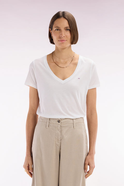 T-shirt à col V en jersey de coton Pima léger blanc coupe droite - Image 3