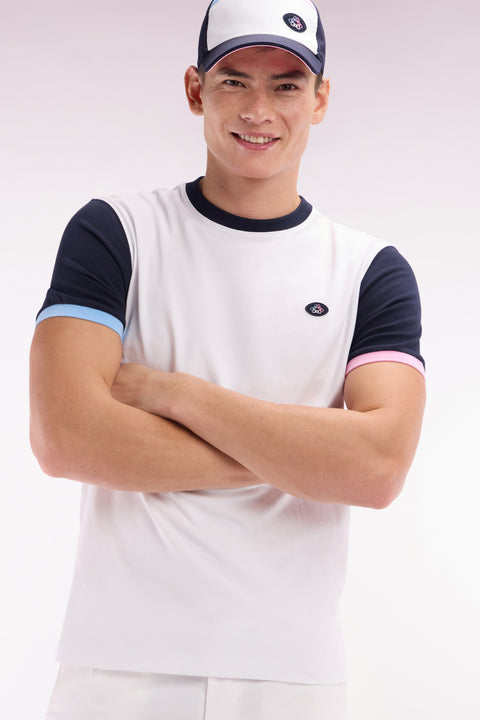 T-shirt colorblock brodé en coton blanc coupe droite - Image 3