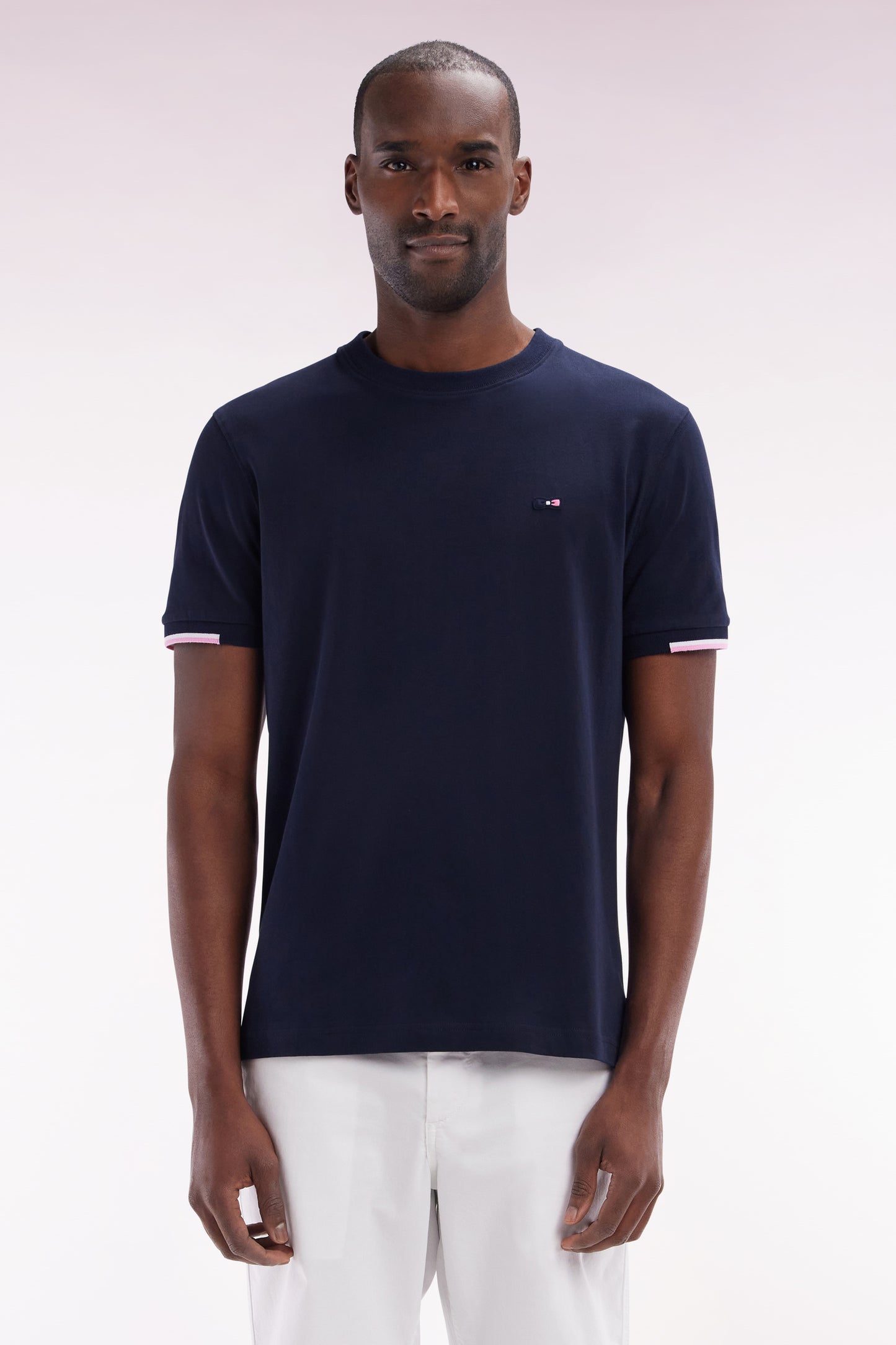 Straight-fit navy cotton T-shirt with back embroidery