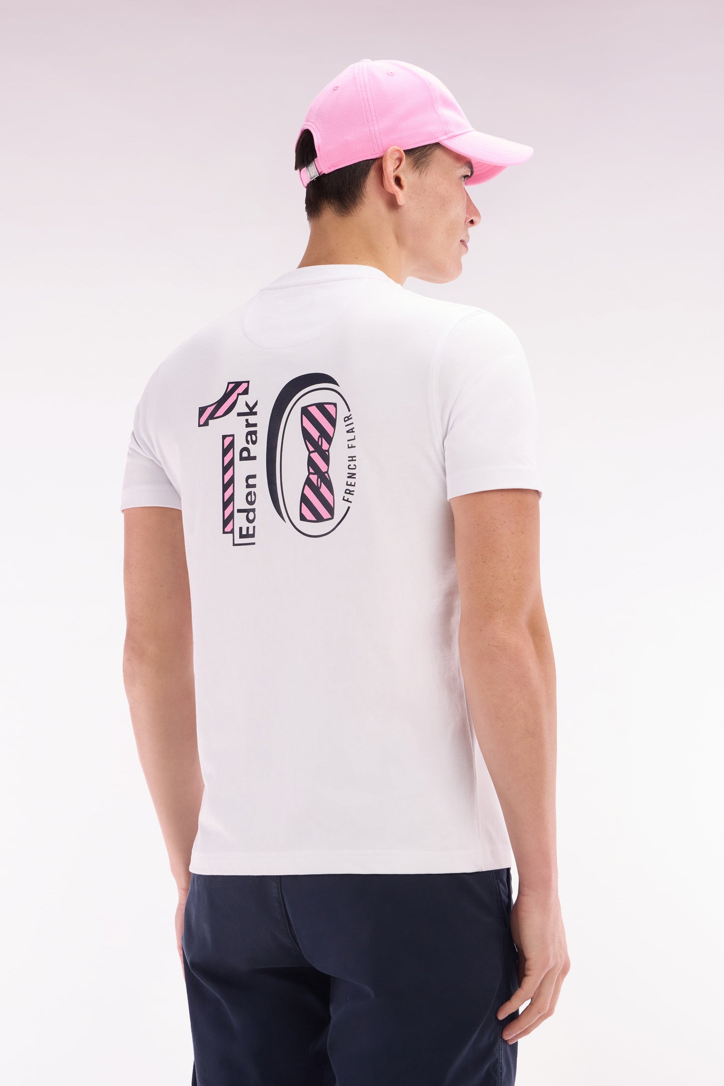 White cotton T-shirt embroidered back straight cut