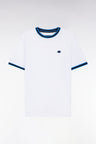 White cotton T-shirt with blue ribbing, relaxed fit