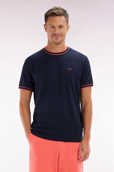 Navy cotton T-shirt with coral ribbing, relaxed fit - Image 1