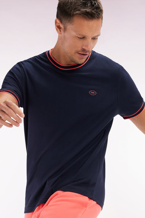 Navy cotton T-shirt with coral ribbing, relaxed fit - Image 3