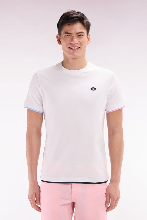 T-shirt uni en coton blanc bordures de manches colorées coupe droite - Image 1