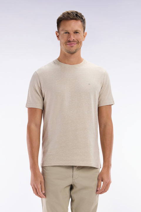 Straight-fit beige T-shirt in cotton and linen blend - Image 1