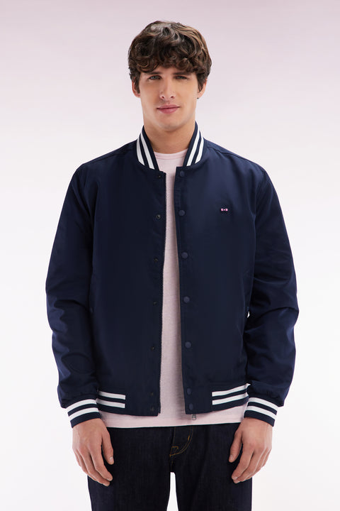 Blouson teddy en polyamide marine bords-côtes rayés - Image 1