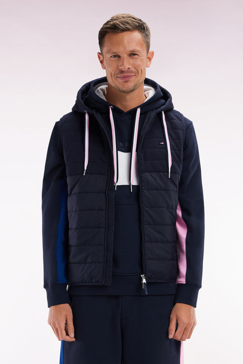 Sleeveless navy bimaterial down jacket with hood - Image 1