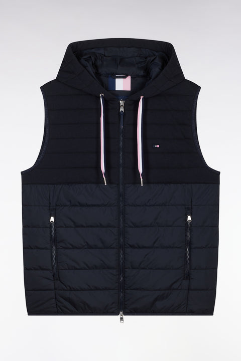 Sleeveless navy bimaterial down jacket with hood - Image 2