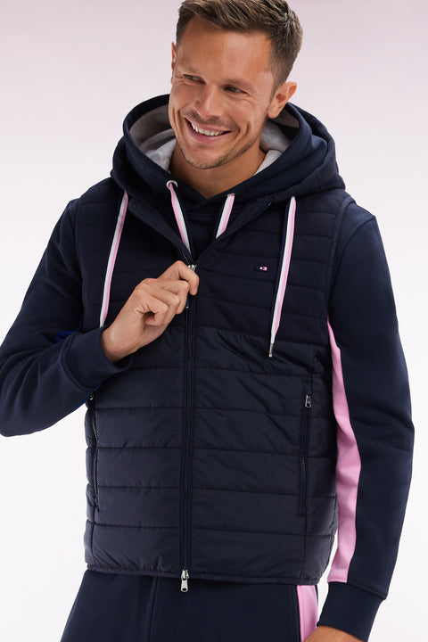 Sleeveless navy bimaterial down jacket with hood - Image 3