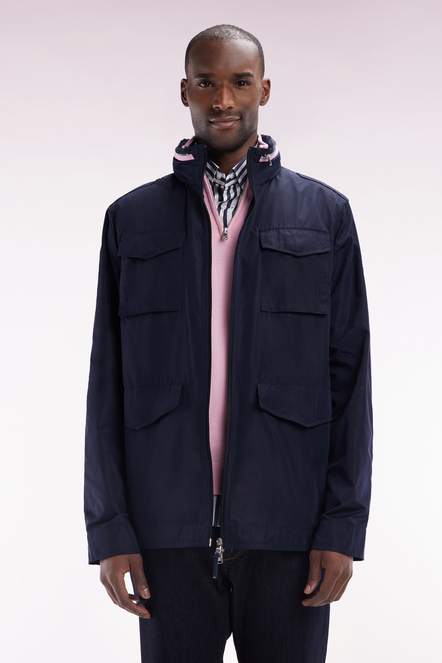 Short 4-pocket parka with stand-up collar and hood in navy blue polyamide