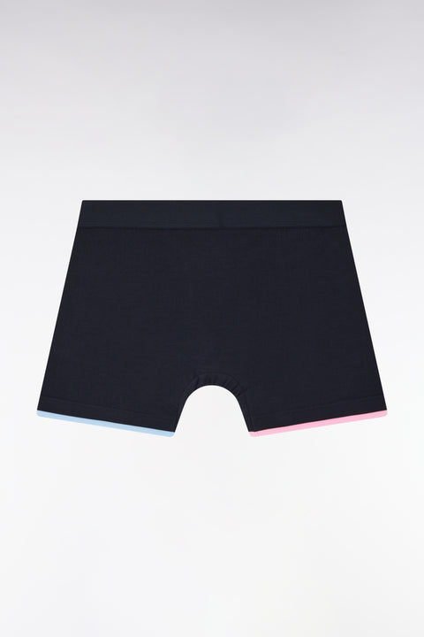 Boxer shorts in plain navy stretch cotton jersey with striped edges - Image 2