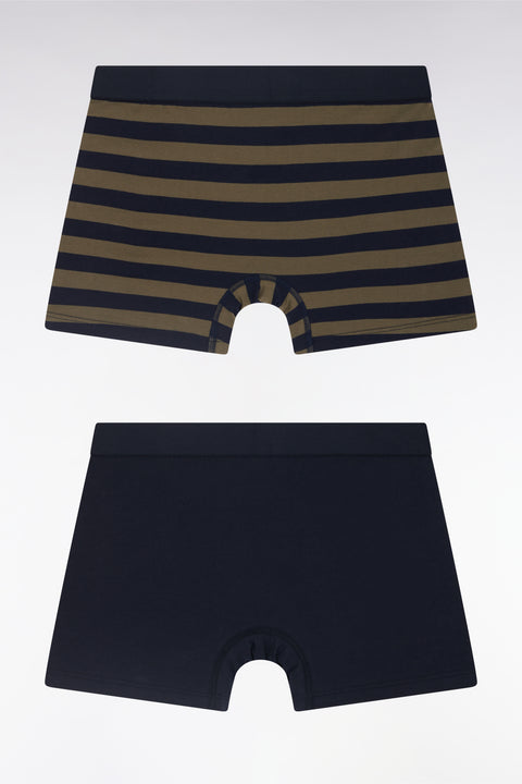 Set of two plain boxer shorts in navy and khaki stretch cotton jersey - Image 2