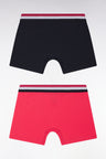 Set of two plain stretch cotton jersey boxer shorts with navy and fuchsia three-tone elastic waistband