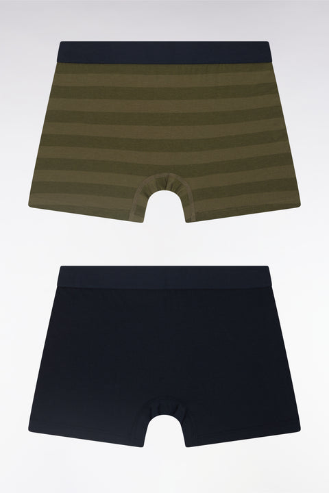 Set of two boxer shorts in navy stretch cotton jersey with khaki straps - Image 2