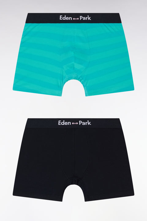 Set of two boxer shorts in navy stretch cotton jersey with green circles - Image 1