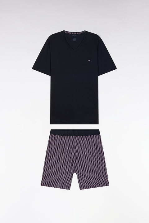 Short pyjamas in navy and burgundy cotton jersey with micropatterned shorts - Image 1