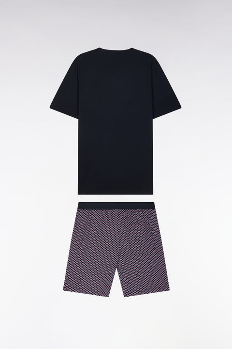 Short pyjamas in navy and burgundy cotton jersey with micropatterned shorts - Image 2
