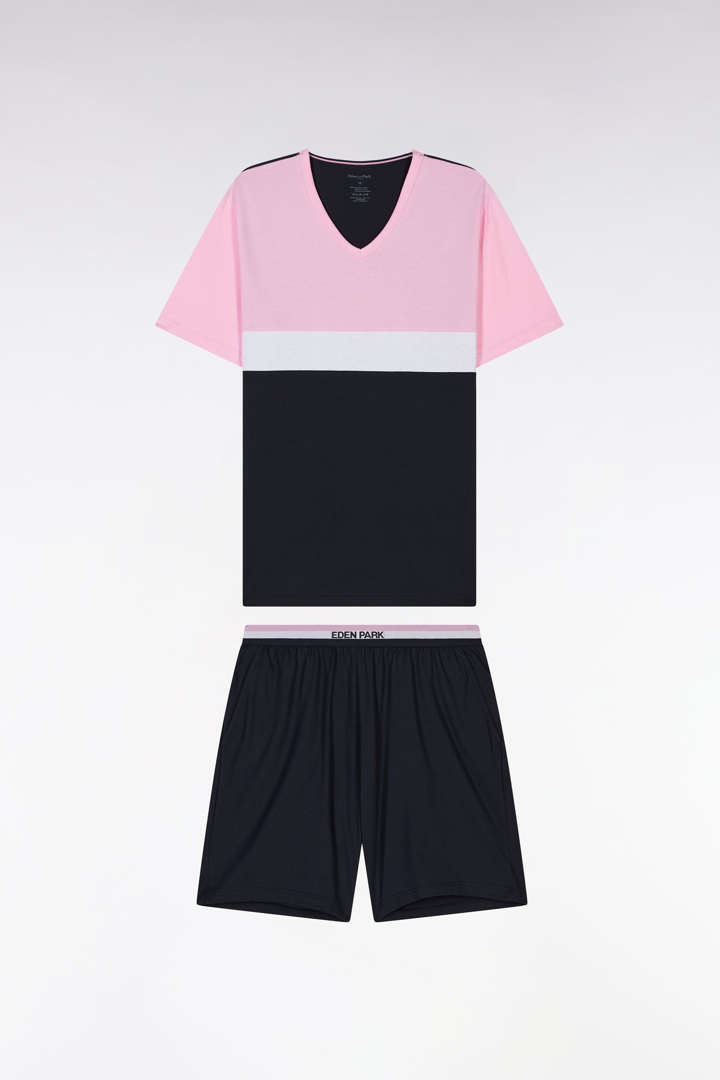 Short pyjamas in pink and white navy cotton jersey shorts with striped details