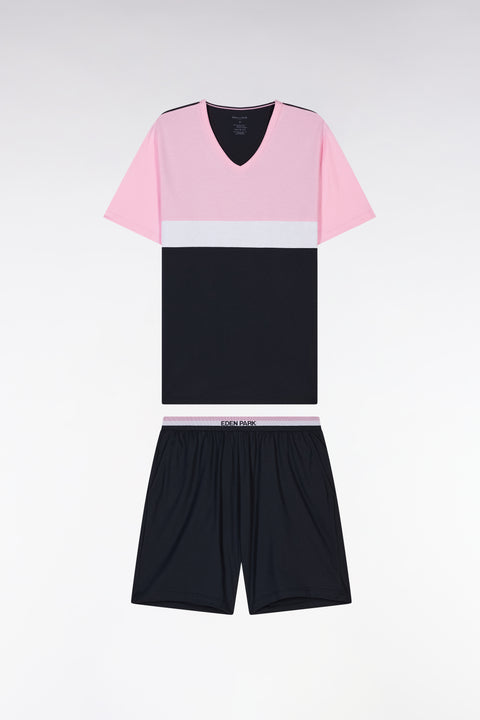 Short pyjamas in pink and white navy cotton jersey shorts with striped details - Image 1