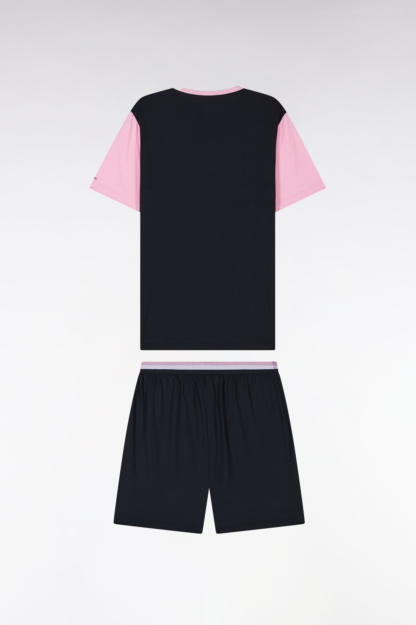 Short pyjamas in pink and white navy cotton jersey shorts with striped details