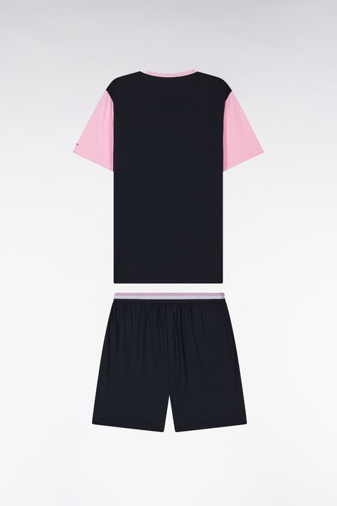 Short pyjamas in pink and white navy cotton jersey shorts with striped details - Image 2