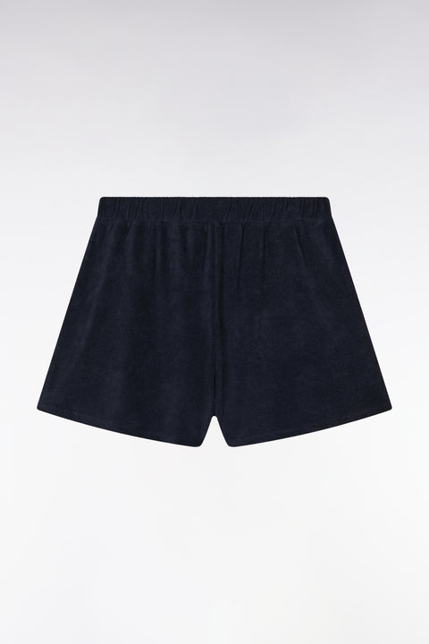 Pyjama court en coton débardeur côtelé blanc short marine - Image 3