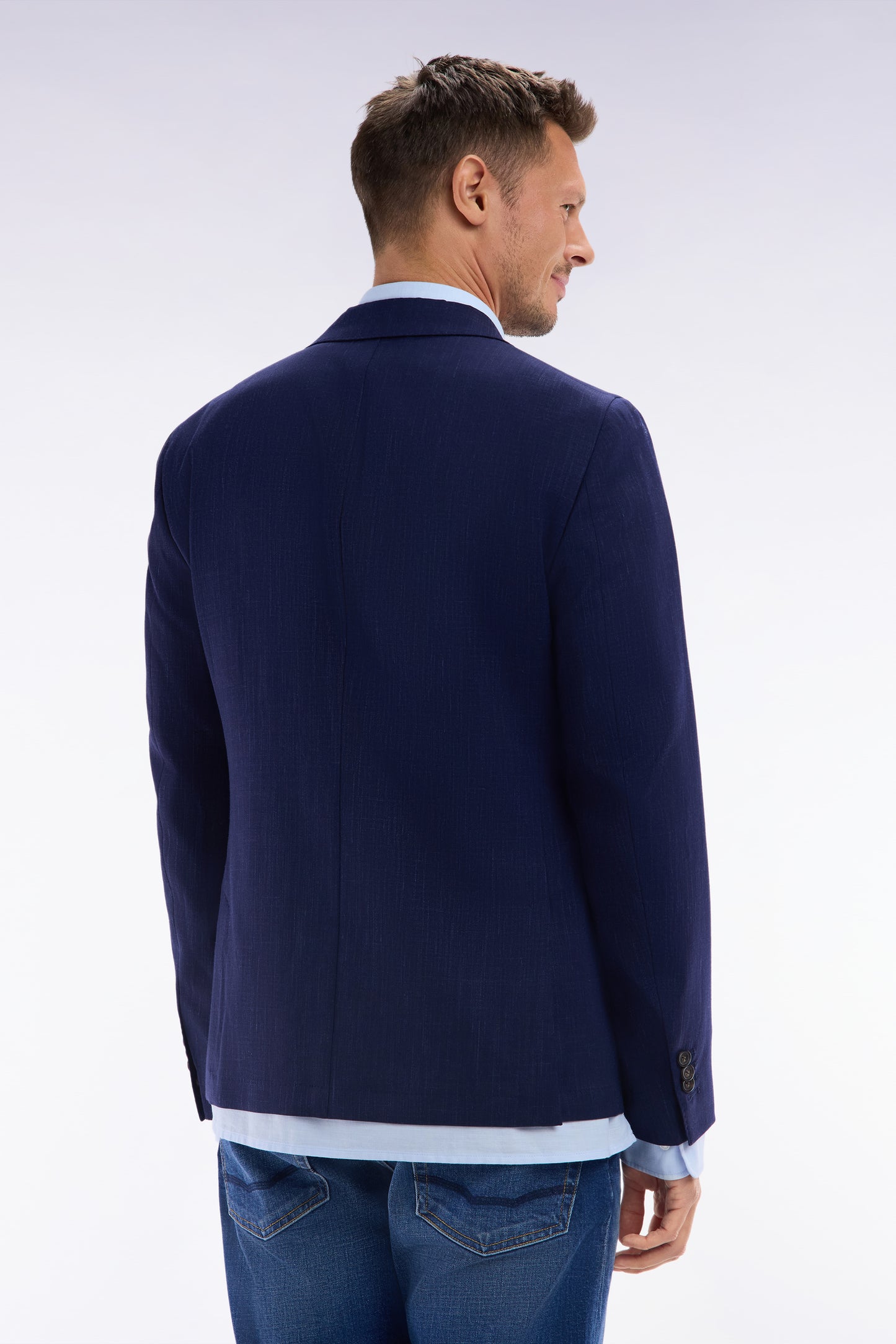 Veste en fil teint de laine et lin stretch mélangés marine