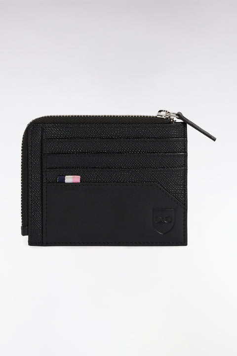 Zipped dual-material card holder in black leather - Image 1