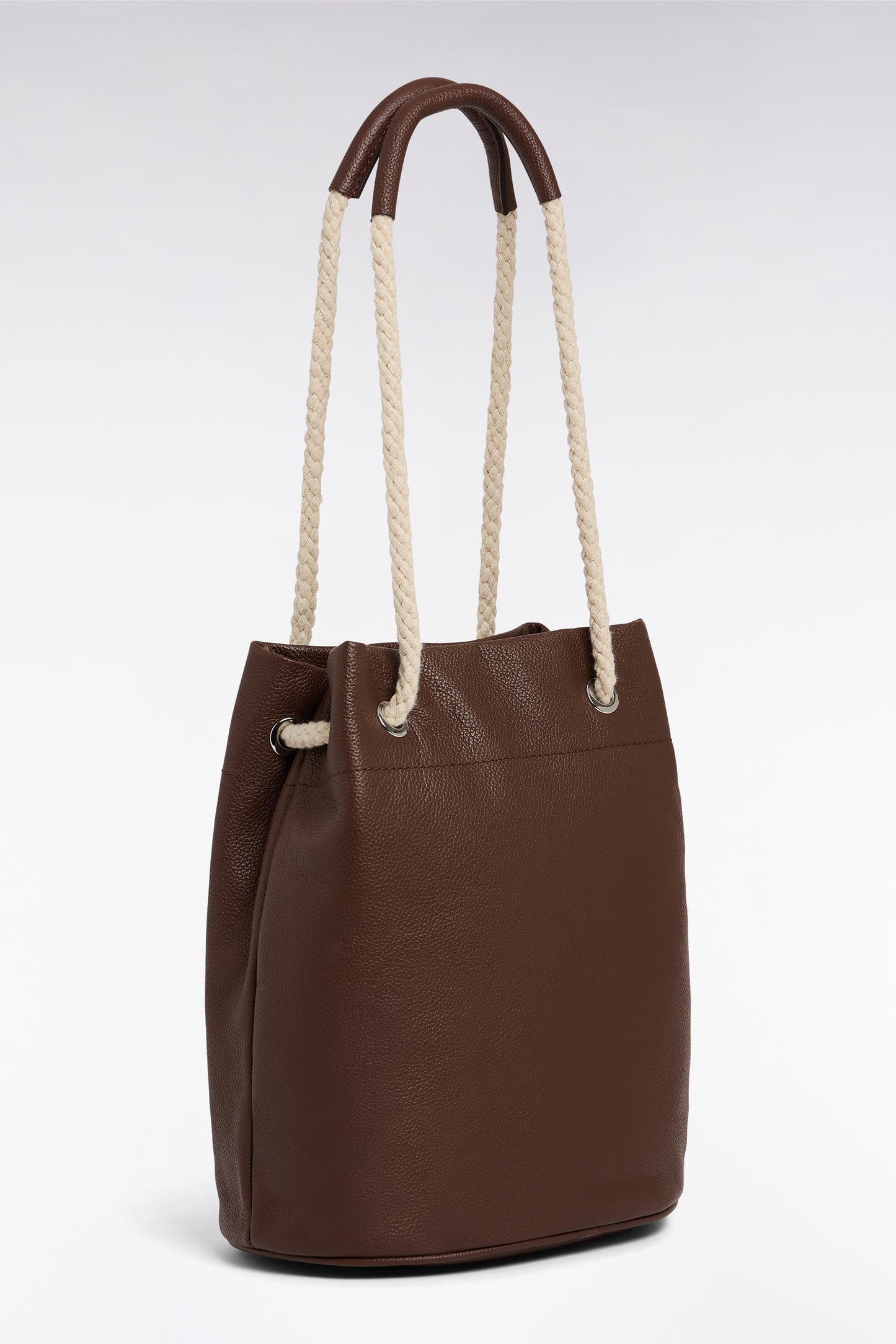 Brown leather bucket bag