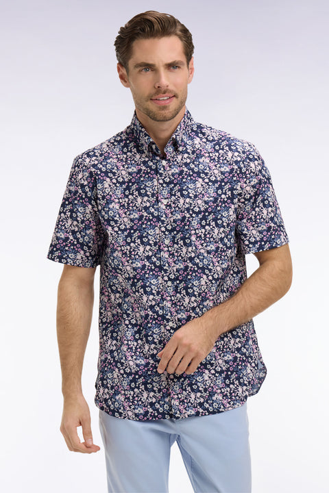 Chemise à manches courtes en popeline et chambray à motif floral rose - Image 1