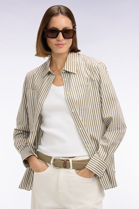 Chemise rayée en popeline de coton beige coupe slim - Image 1